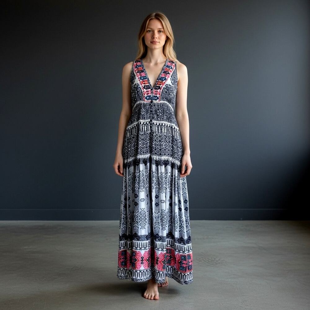 Rococo Sand 100% Silk Embroidered Maxi Dress Blue Boho Resort Size S